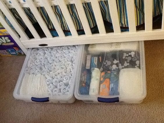 Underbed Storage: Clear Plastic Bins with Blue Locking Latches