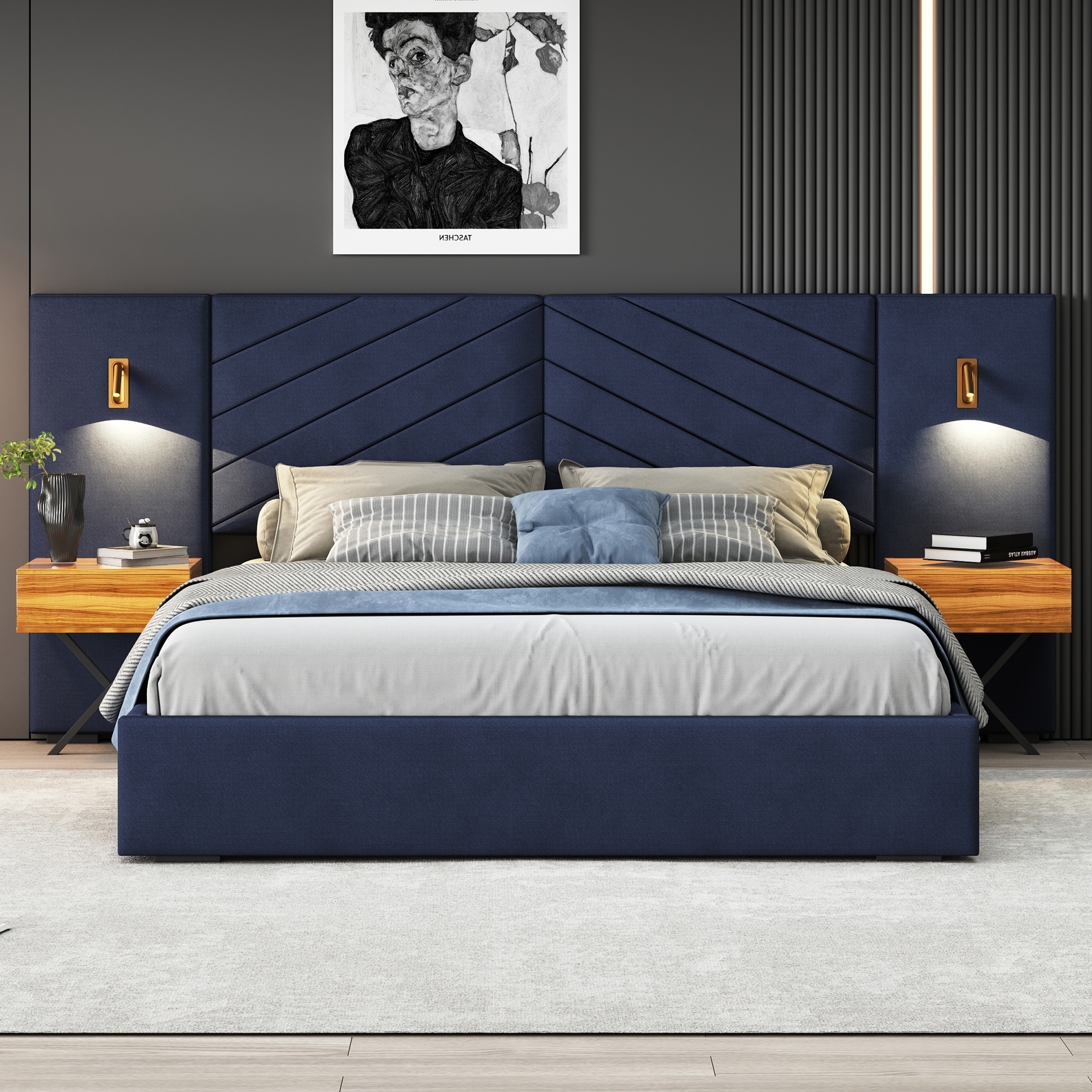 Upholstered Bed Chevron Tufting and Integrated Sconce Headboard