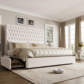 Upholstered Bed Frame Tall Headboard Neutral Storage Solutions