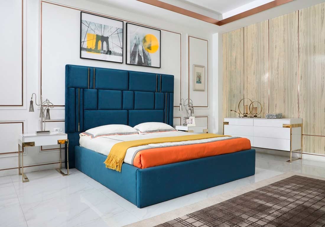 Upholstered Bed Gold Headboard Inlays and Paneled Blue Velvet
