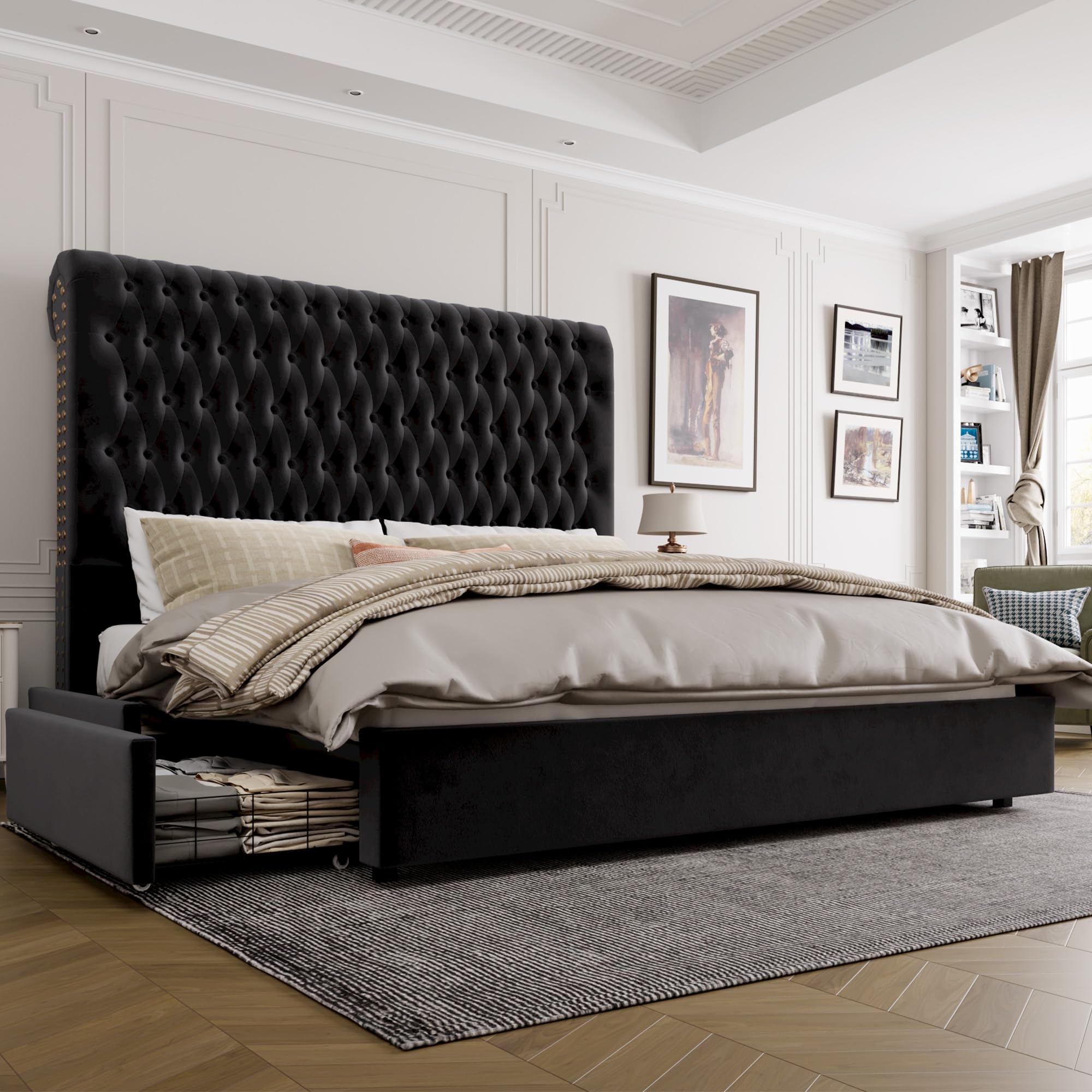Upholstered Bed Matte Black Velvet Tall Headboard Storage Bed