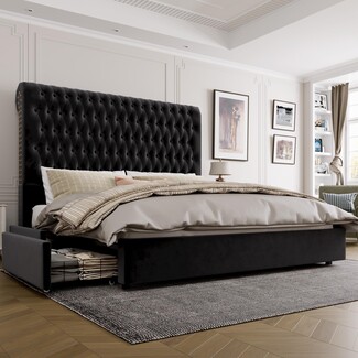 Upholstered Bed Matte Black Velvet Tall Headboard Storage Bed