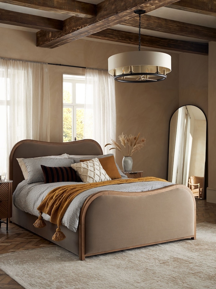 Upholstered Bed: Mink Velvet Curved Wood Trim Storage