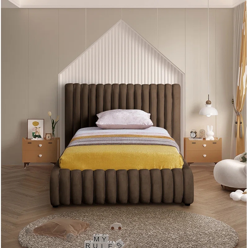 Upholstered Bed: Peaked Wall Accent Brown Velvet Channel