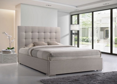 Upholstered Bed Sand Beige Linen grid tufted headboard frame