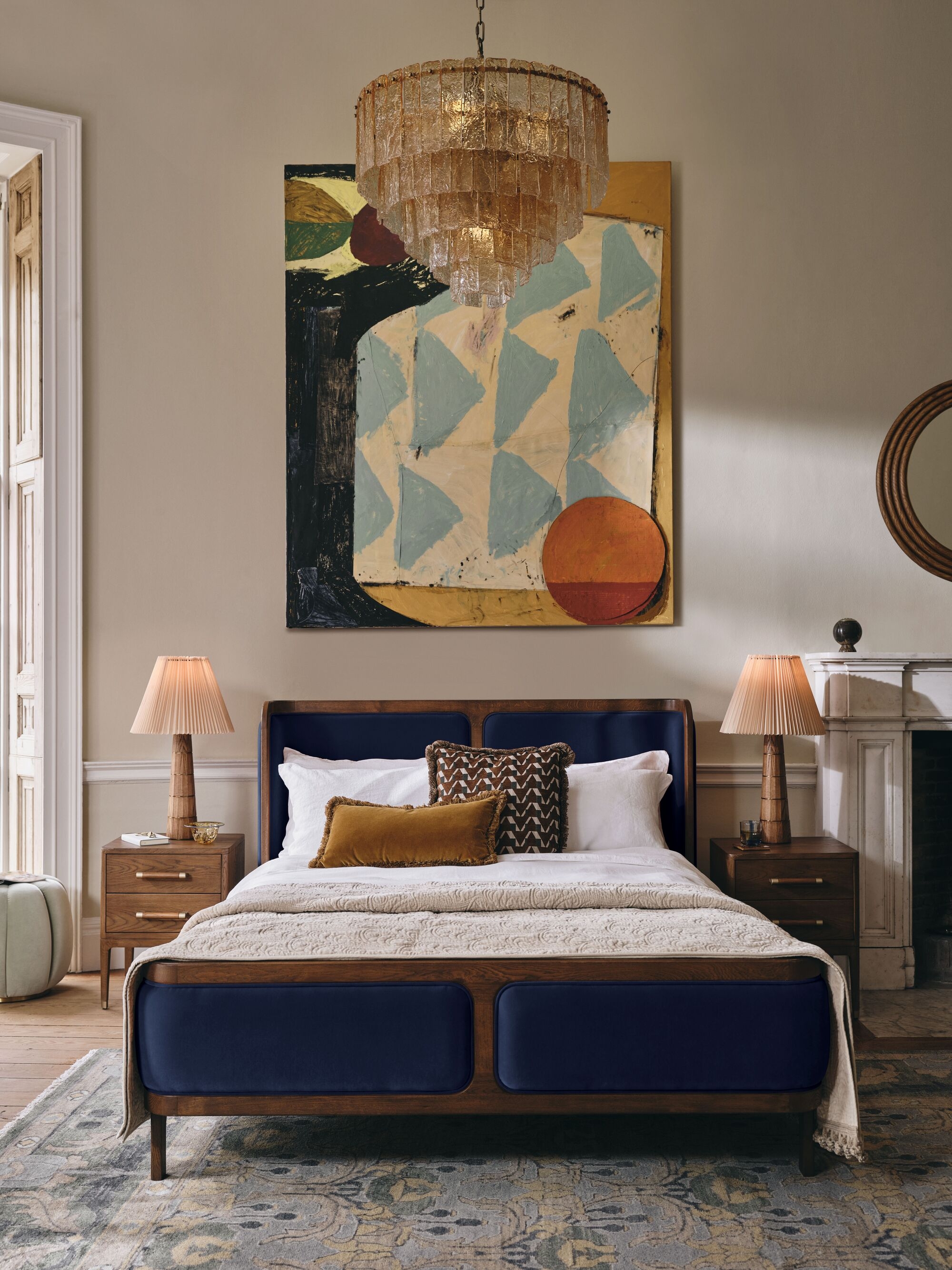 Upholstered Bed Tiered Amber Navy Blue Upholstered Bed