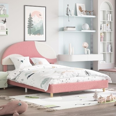 Upholstered Bed Two Tone Blush Pink Boucle Arched Bed