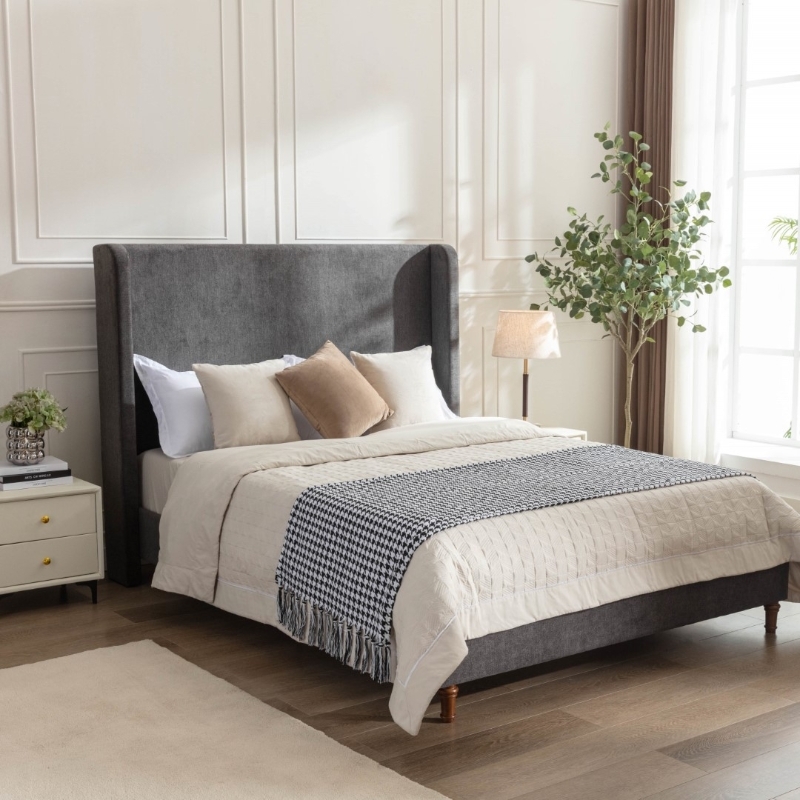 Upholstered Bed with 54-Inch Tall Wingback Headboard Design