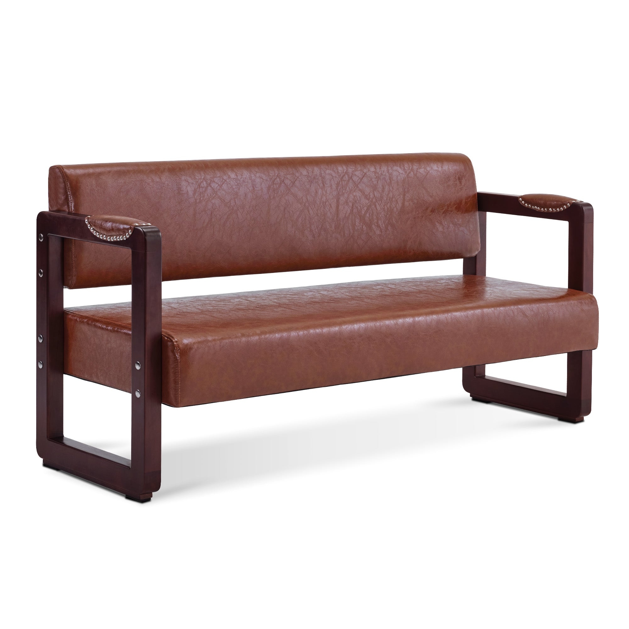 Upholstered Bench with Riveted Arm Pads and Loop Legs