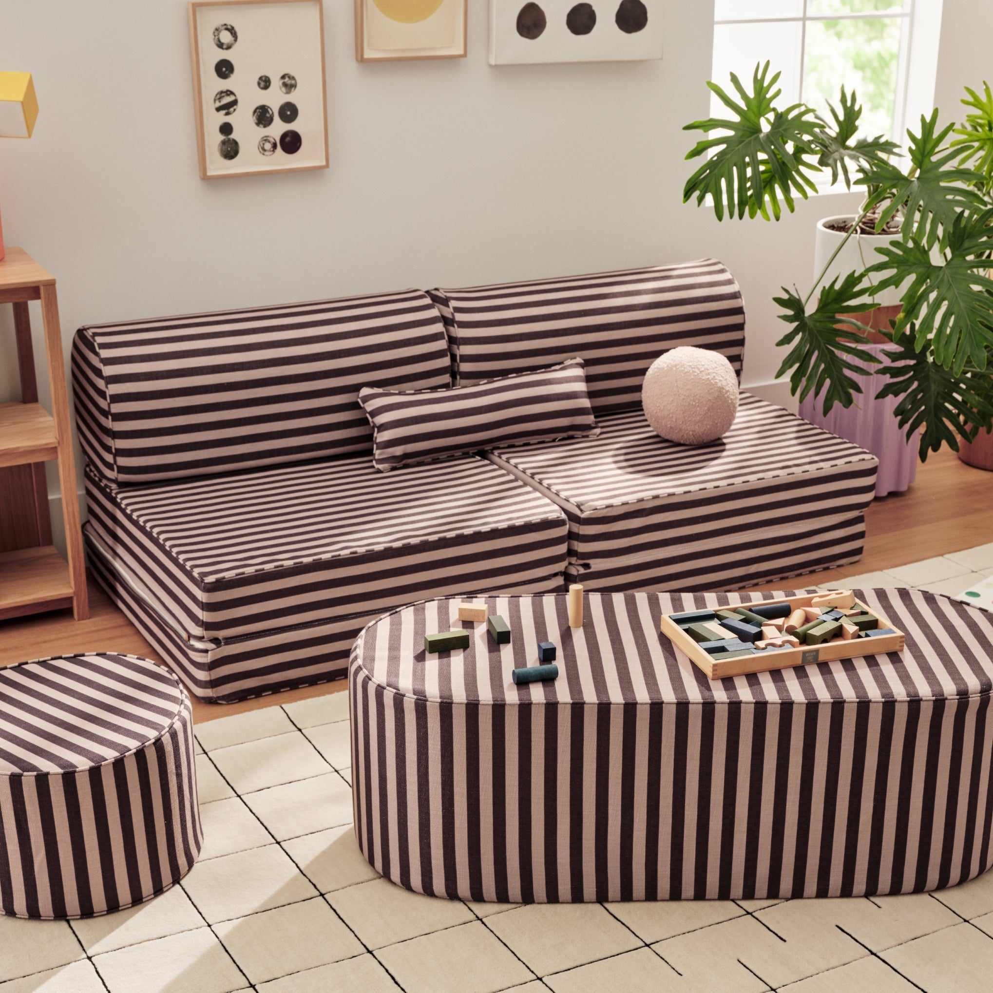 Upholstered Coffee Table Striped Oval Fabric Table
