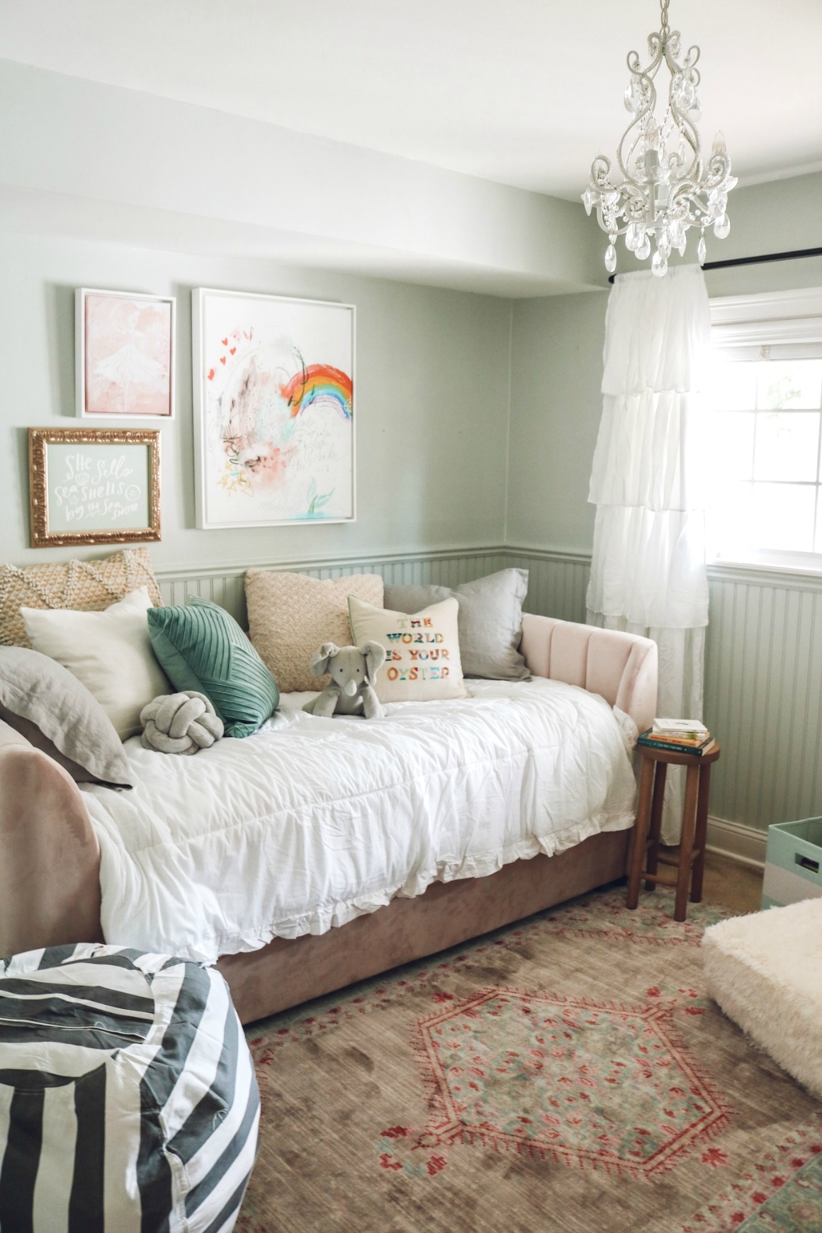 Upholstered Daybed with Dusty Pink Upholstery and Sage Green Walls