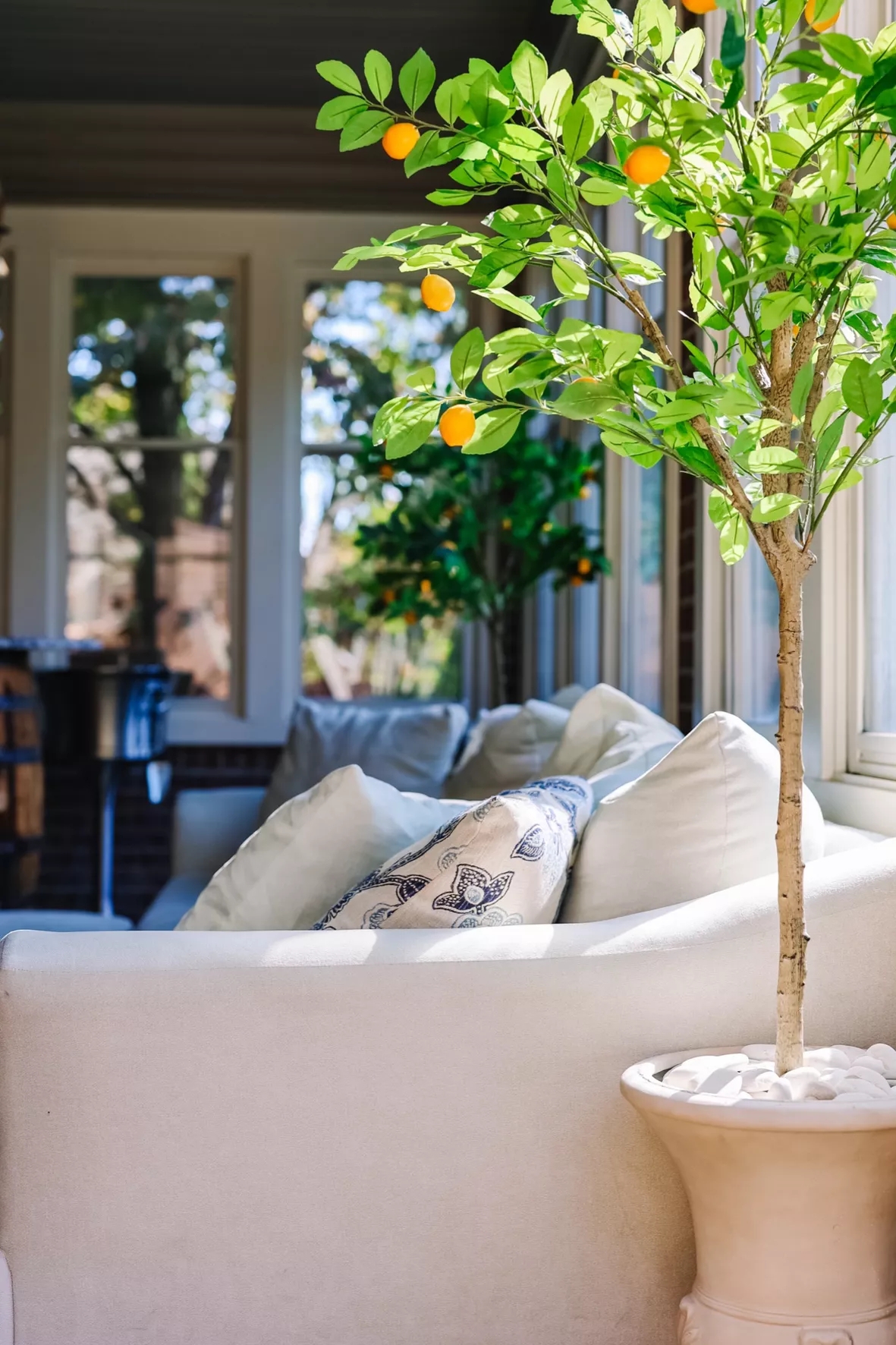 Upholstered Sofa Lemon Tree Sunroom Decor Blue Patterned Pillow