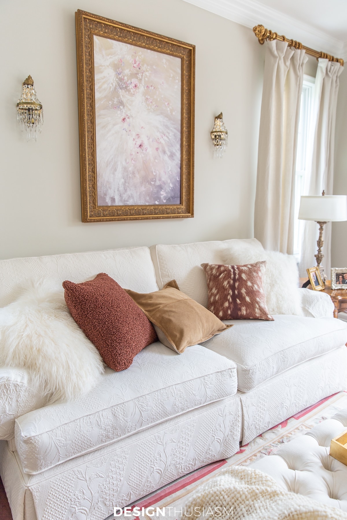 Upholstered Sofa with Jacquard Floral Fabric and Skirted Base