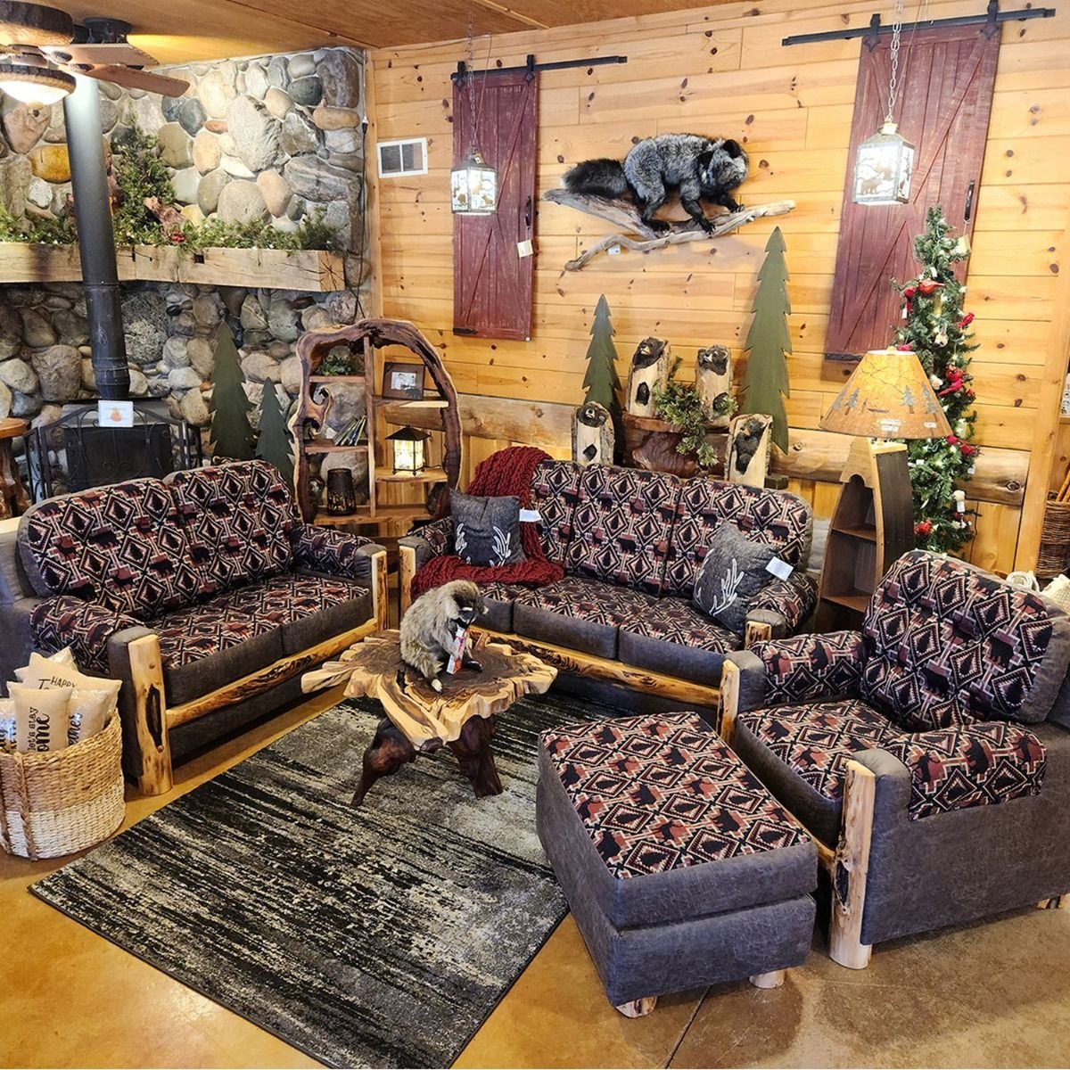 Upholstered Sofa with Log Trim and Tribal Pattern