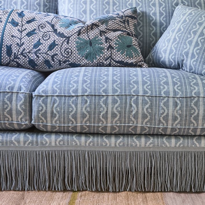 Upholstered Sofa with Wavy Stripe Pattern blue striped upholstered couch