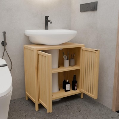 Vanity Cabinet with Slatted Doors and Vessel Sink