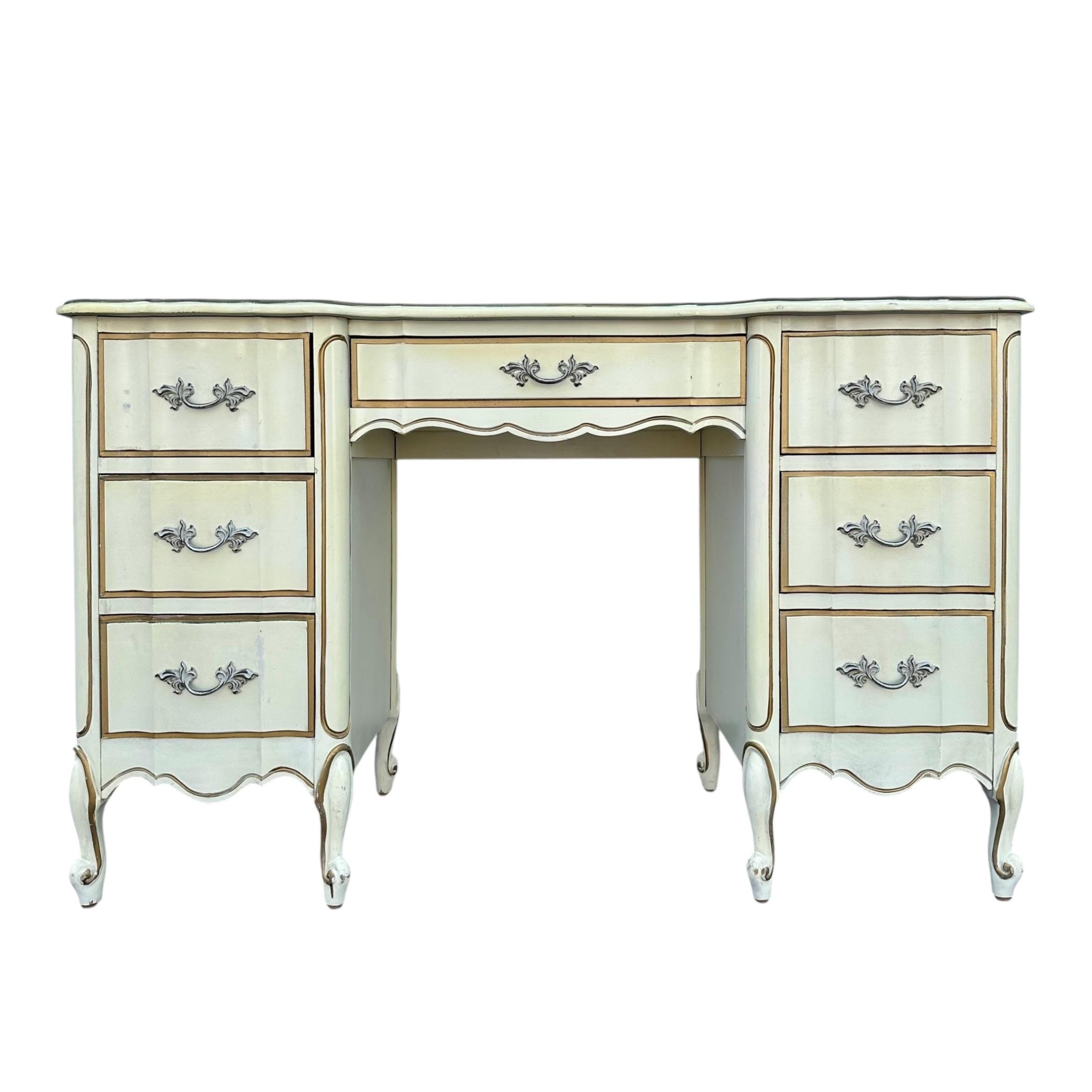 Vanity Desk with Seven Drawers and Ornate Gold Leaf Trim