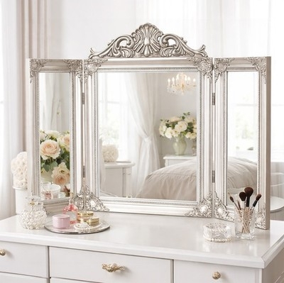 Vanity Mirror: Champagne Tri-Fold Mirror Ornate Crest