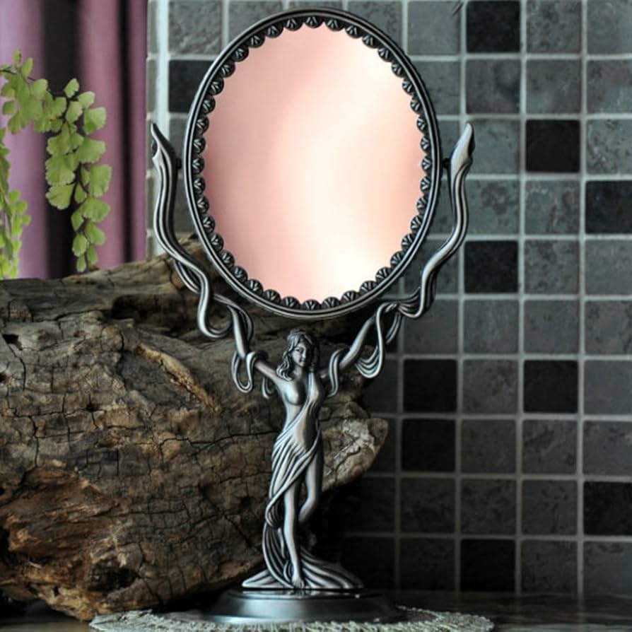 Vanity Mirror with Female Sculpture Stand and Oval Swivel Frame