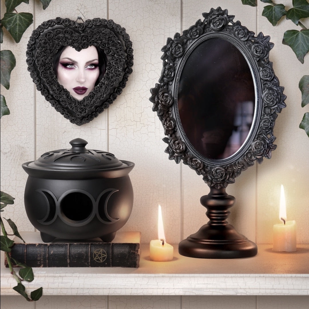 Vanity Mirror with Rose Relief Carving and Black Rose Decor