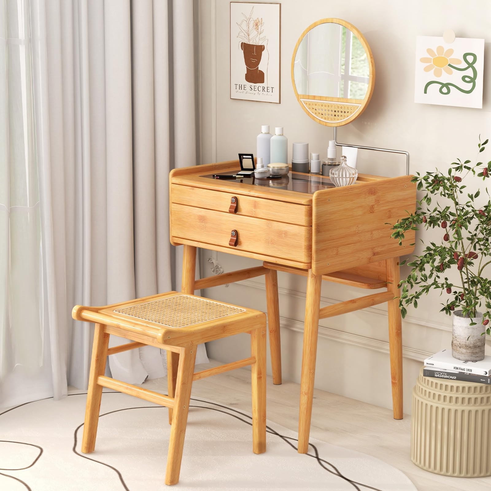 Vanity Set in Bamboo with Rattan Mirror Accent and Seat