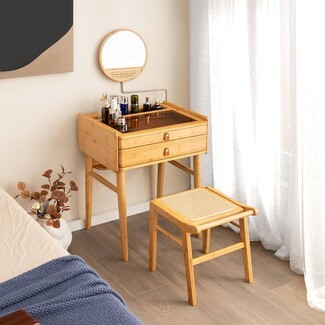 Vanity Stool with Woven Rattan Seat and Tapered Legs