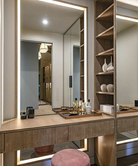 Vanity Table: Floating Wood Dressing Table LED Glow