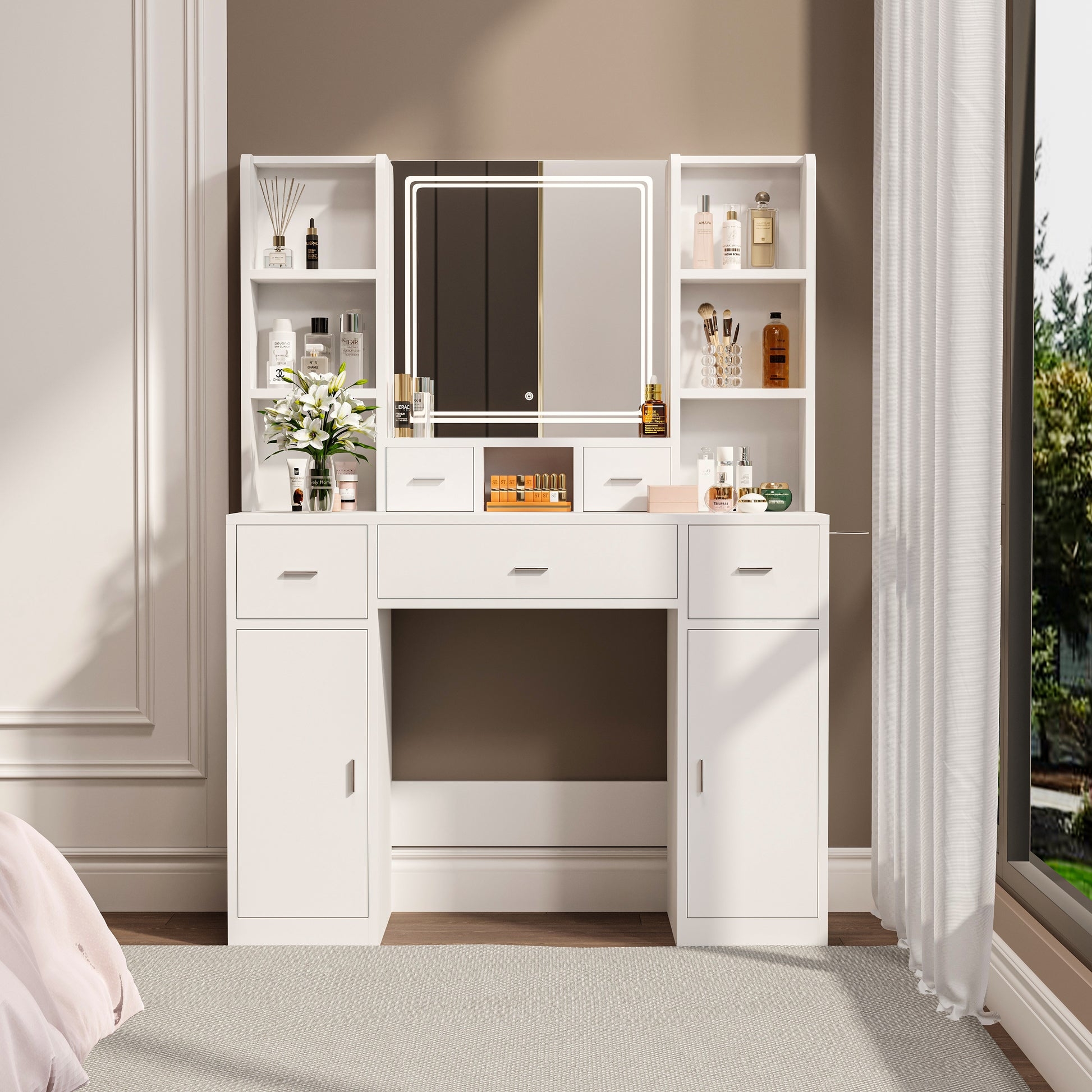 Vanity Table: White LED Makeup Vanity Side Shelves