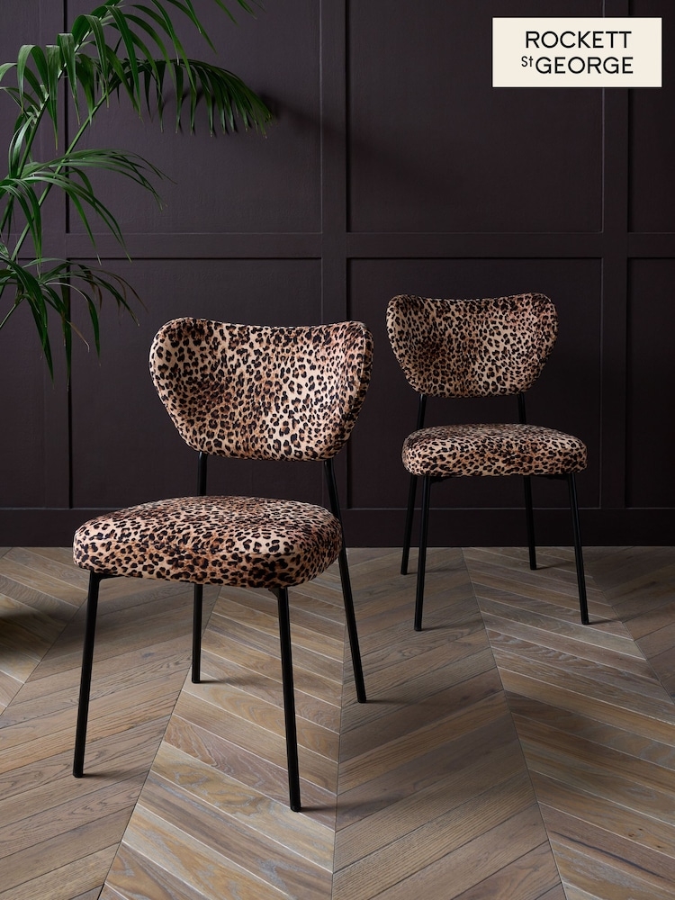 Velvet Dining Chair in Leopard Print and Black Metal Legs