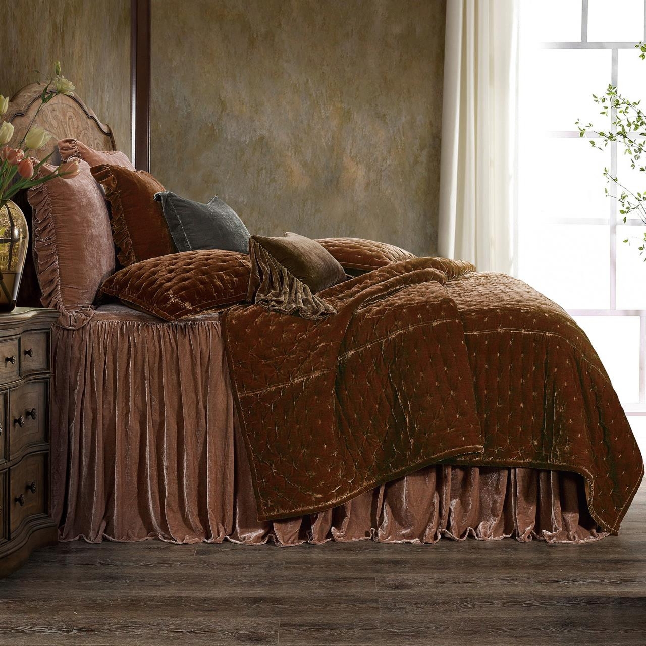 Velvet Quilt: Copper Brown Diamond Quilting Ruffled Edges