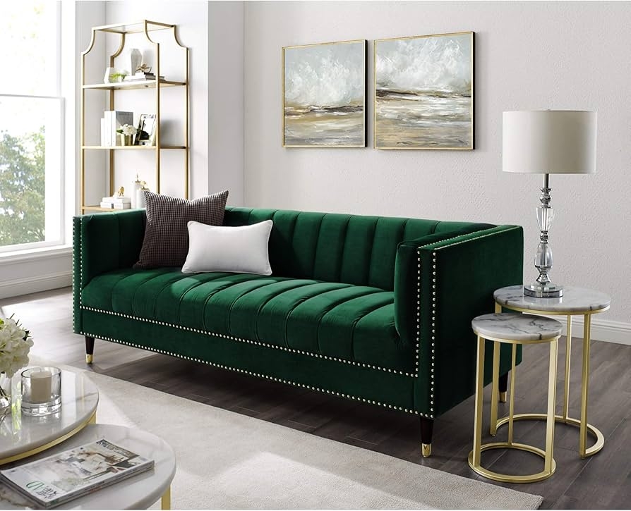 Velvet Sofa Channel Tufted Gold Leg Tips Green