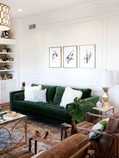 Velvet Sofa Emerald Green Paneled Molding Accents