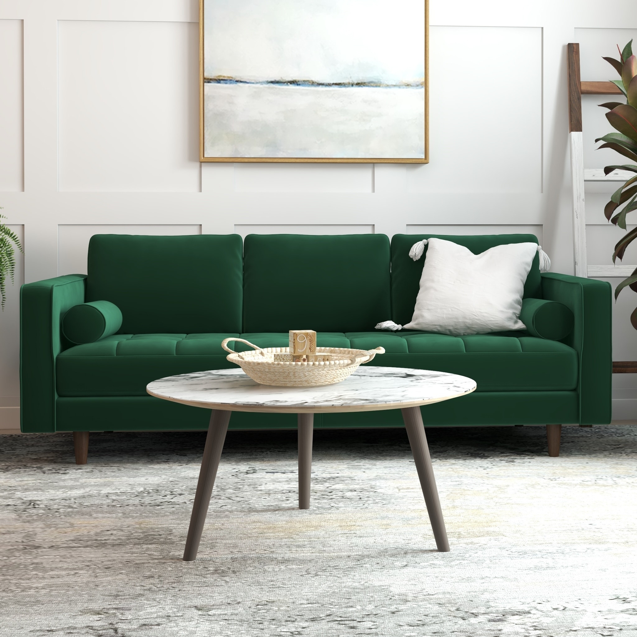 Velvet Sofa Forest Green Tufted Seat Bolster Pillows