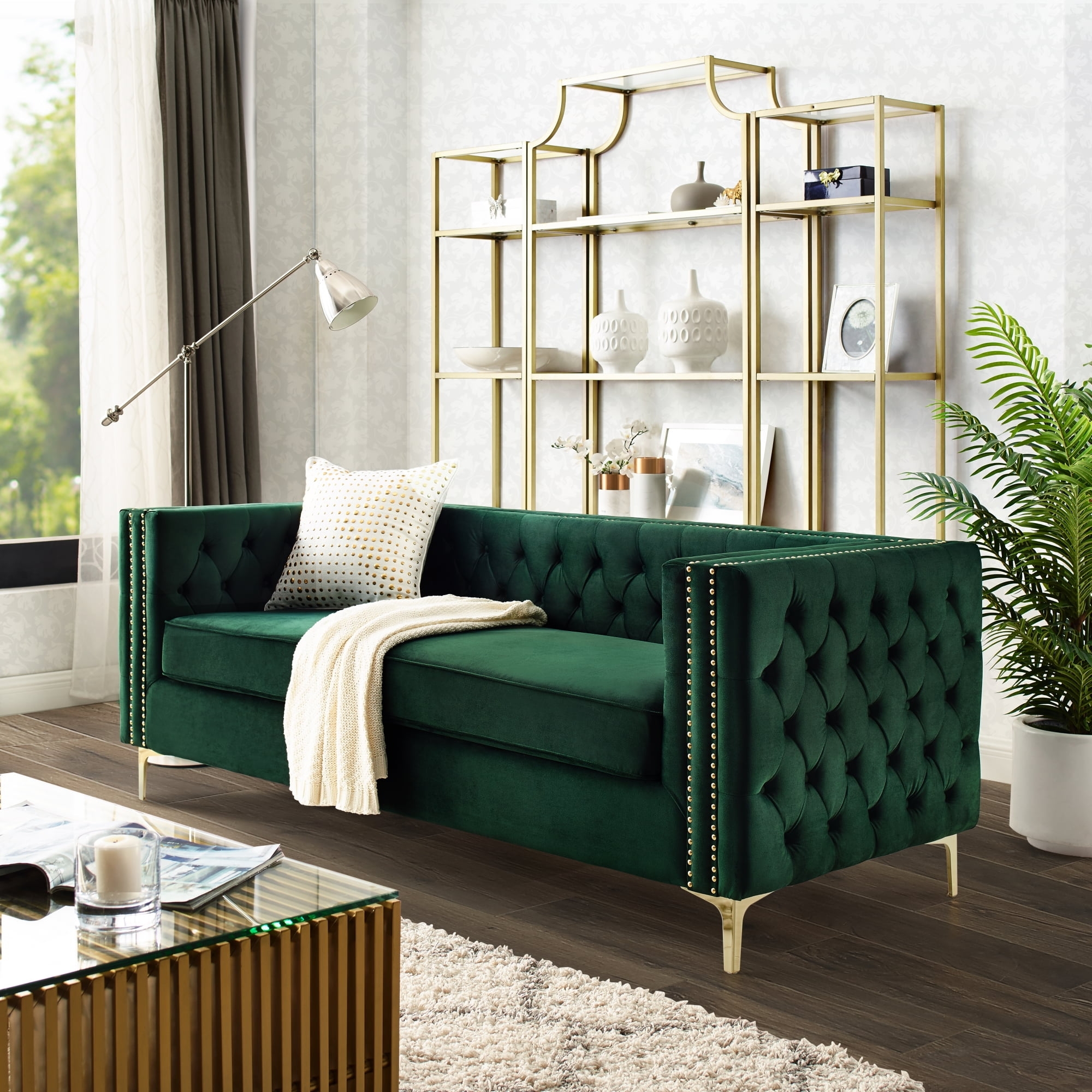Velvet Sofa Gold Y-Legs Hunter Green Button Tufted