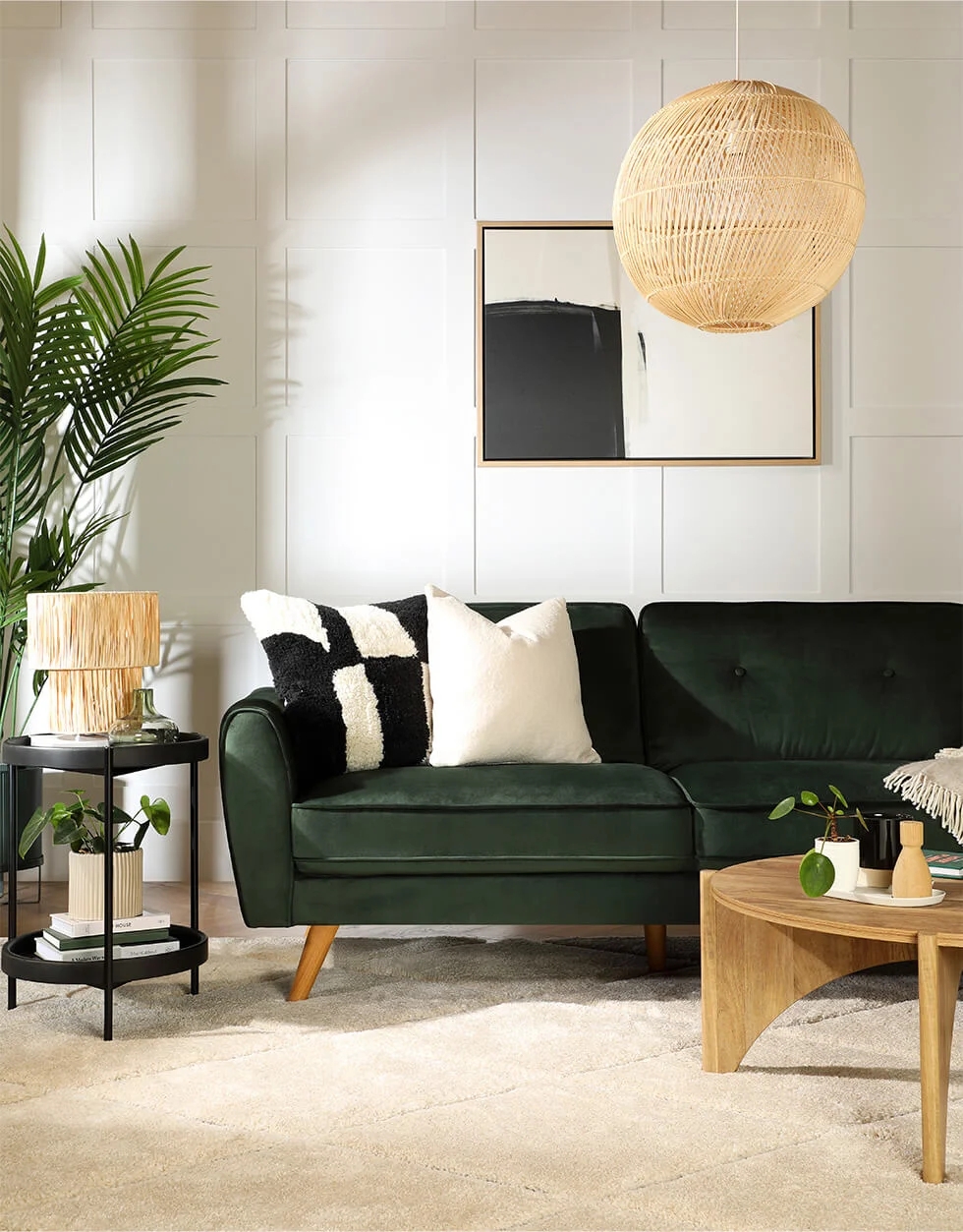 Velvet Sofa Rattan Pendant Light Forest Green