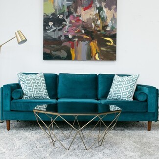 Velvet Sofa with Geometric Gold Base in Emerald