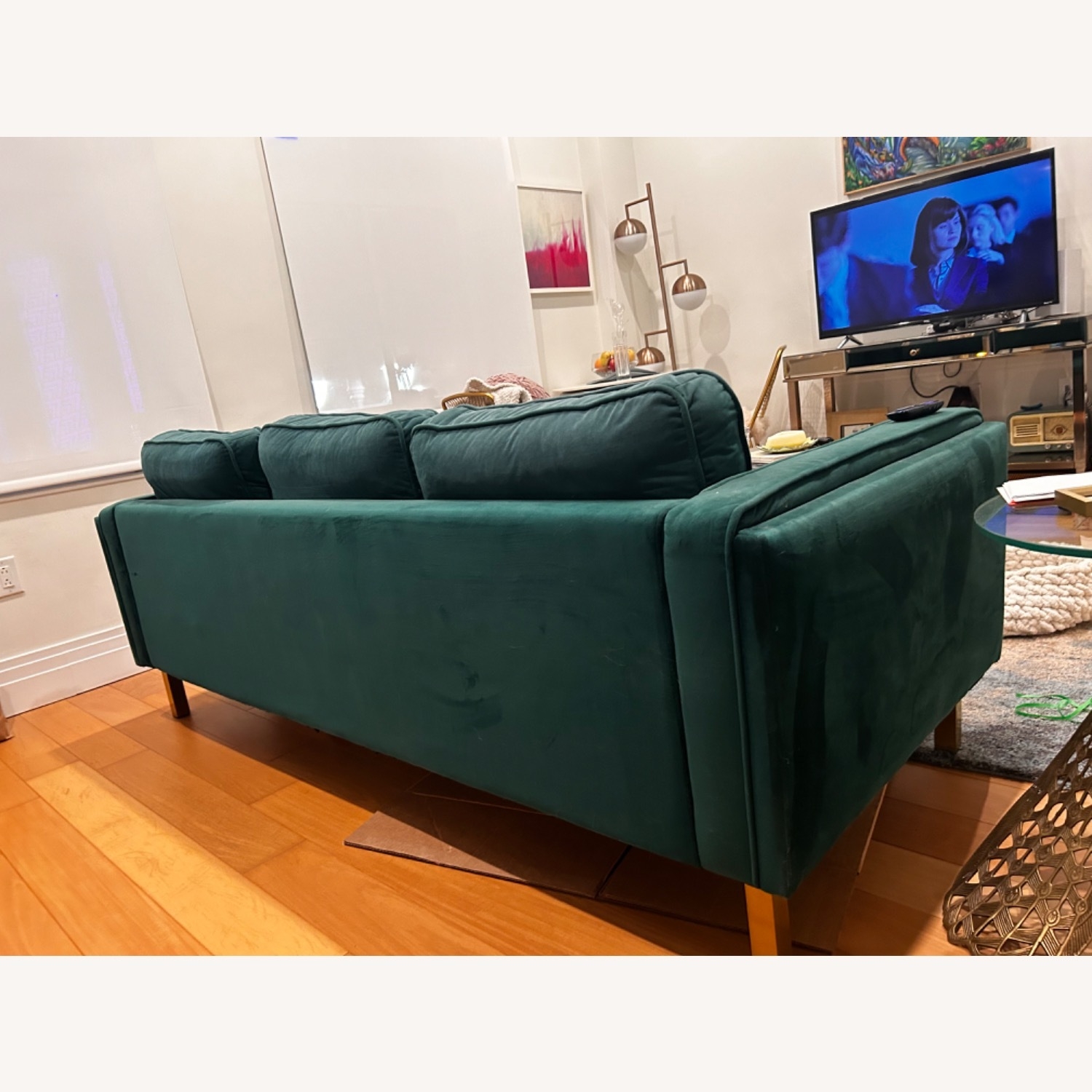 Velvet Sofa with Tapered Gold Legs and Square Silhouette