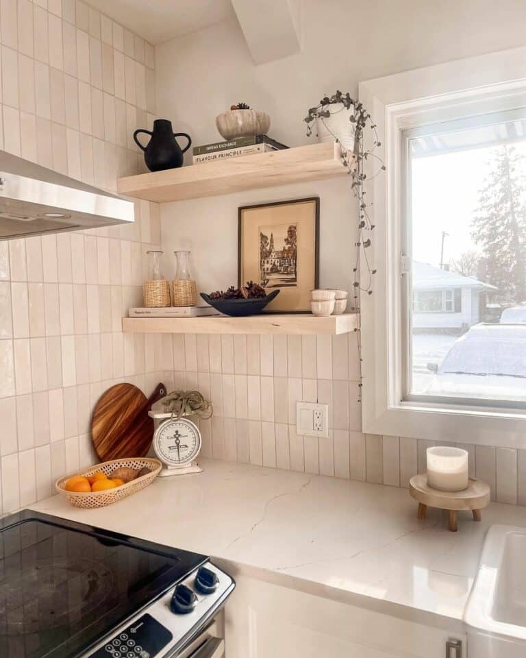 Vertical Tile Backsplash Organic Modern Decor with Floating Wood