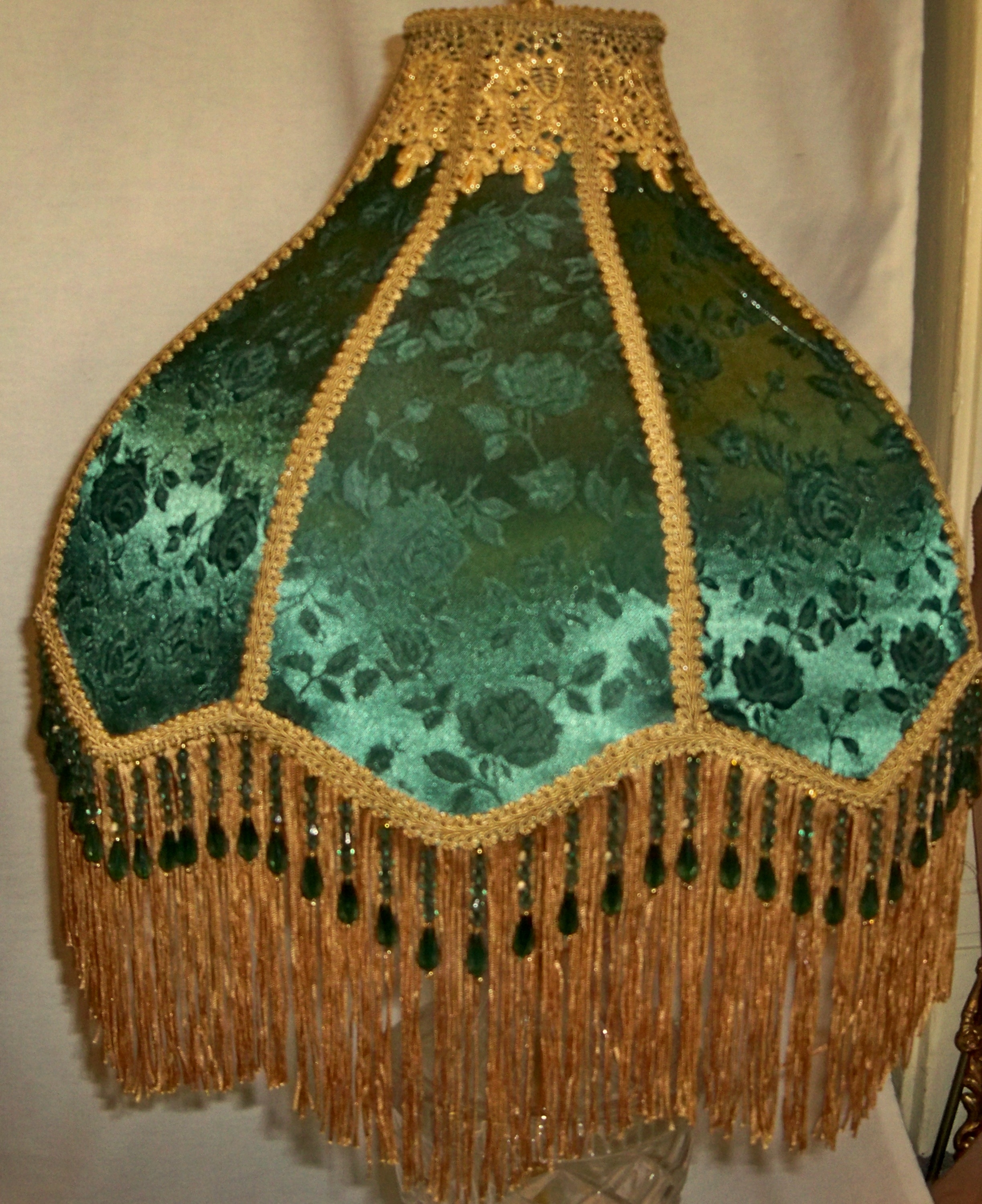 Victorian Lamp Shade Emerald Rose Damask and Teardrop Beads