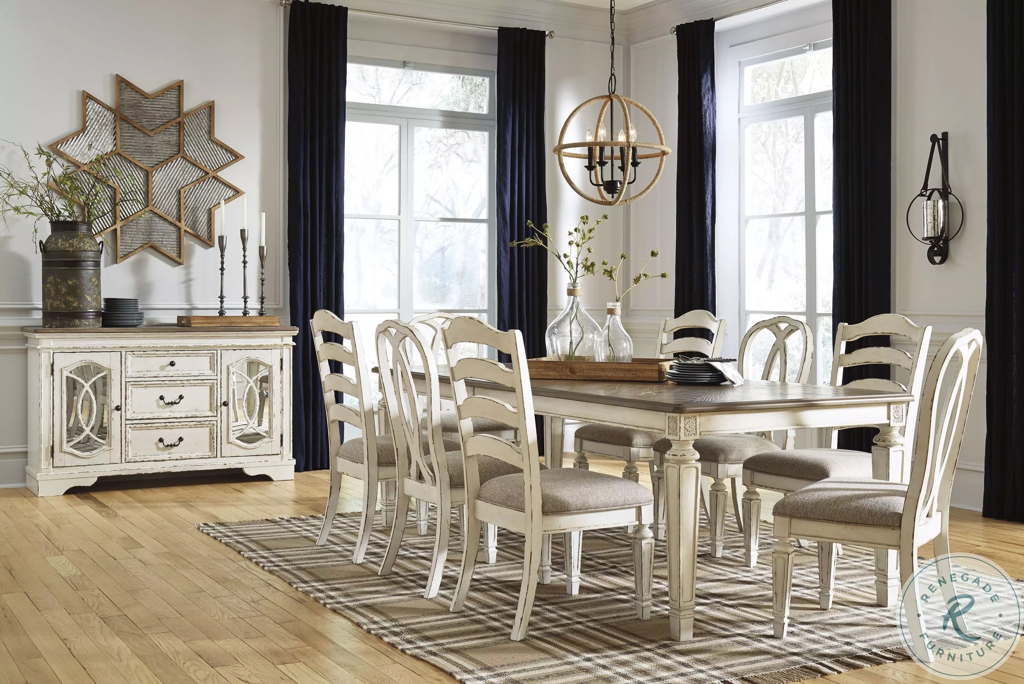 Vintage Dining Set with Chipped White Finish and Sideboard