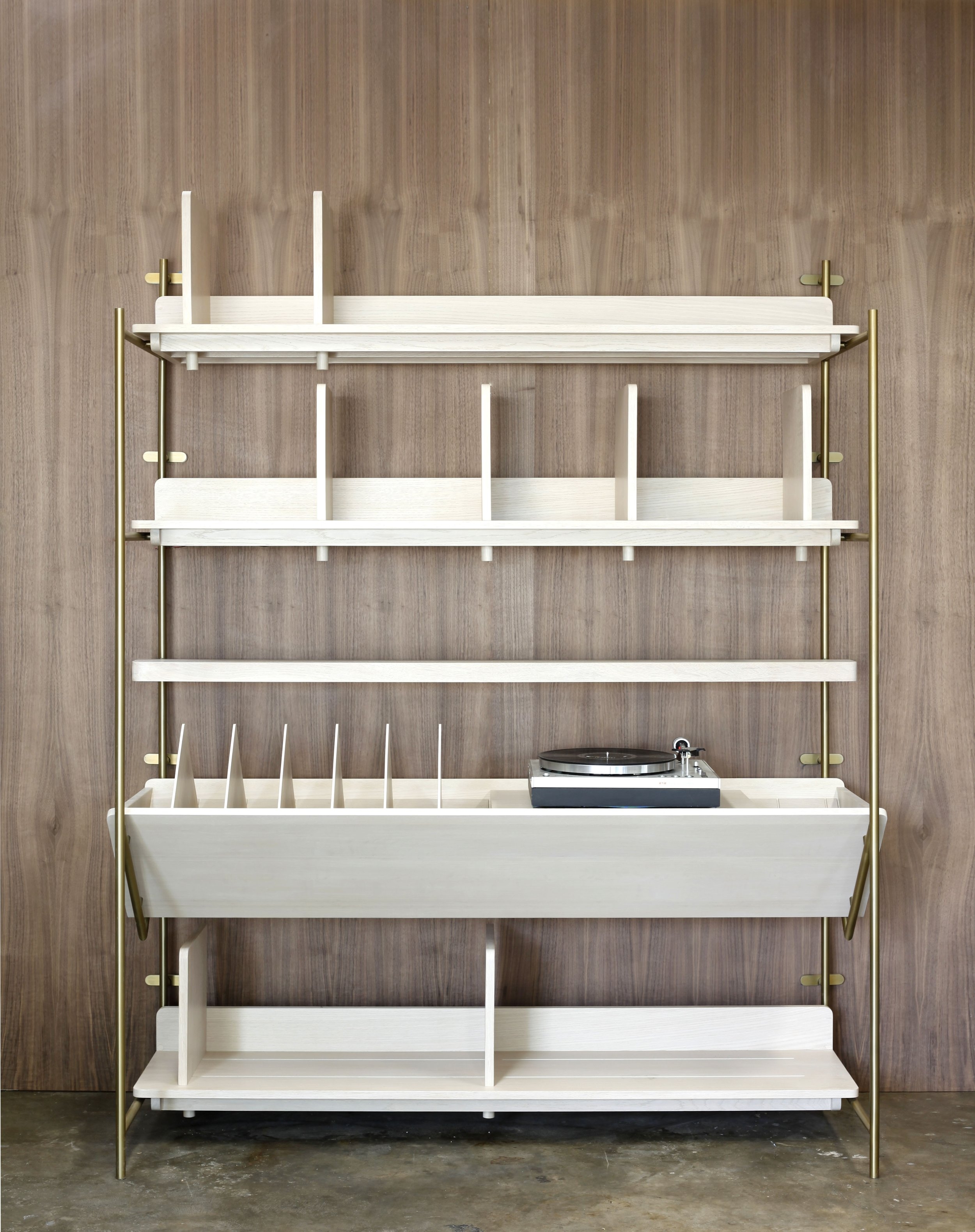 Vinyl Credenza with Brushed Gold Frame and Modern Audiophile Shelving