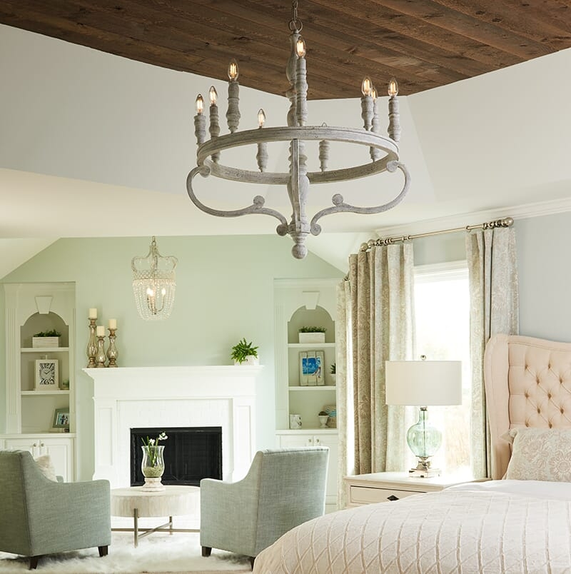 Wagon Wheel Chandelier Whitewashed Rustic Chic Bedroom