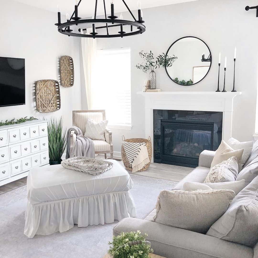 Wagon Wheel Chandelier with Skirted Ottoman: Industrial Wagon Wheel Chandelier