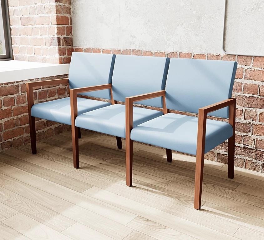 Waiting Room Bench Having Powder Blue Upholstery and Arms