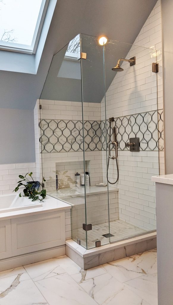 Walk In Shower Arabesque Tile Border and Sloped Glass Door