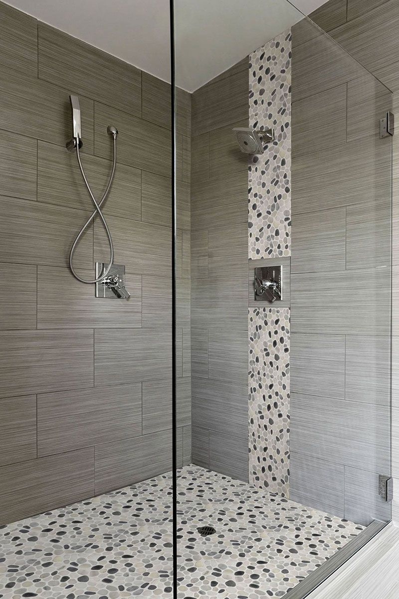 Walk In Shower with Vertical Pebble Mosaic Strip Detail