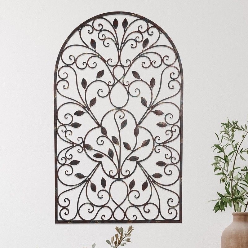 Wall Art Arched Top Leaf Motifs Rustic Metal Filigree