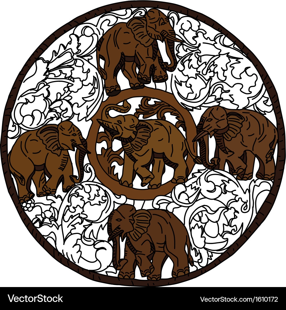 Wall Art Five Elephant Pattern Circular Medallion Scrollwork