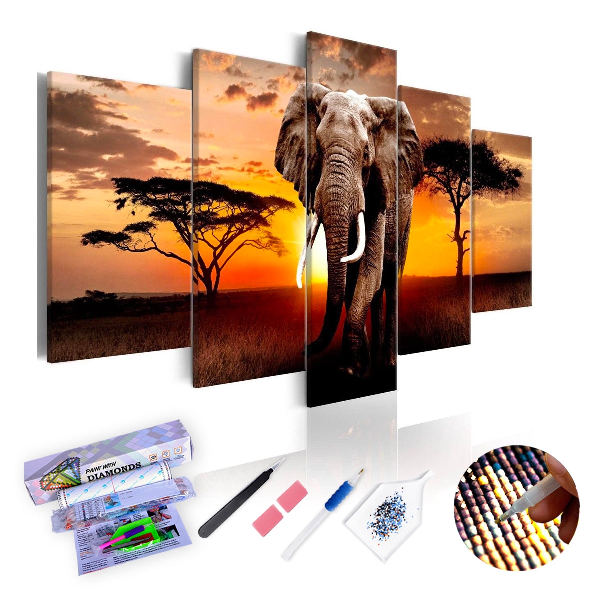 Wall Art Kit Multi Panel Sunset Elephant Diamond Painting