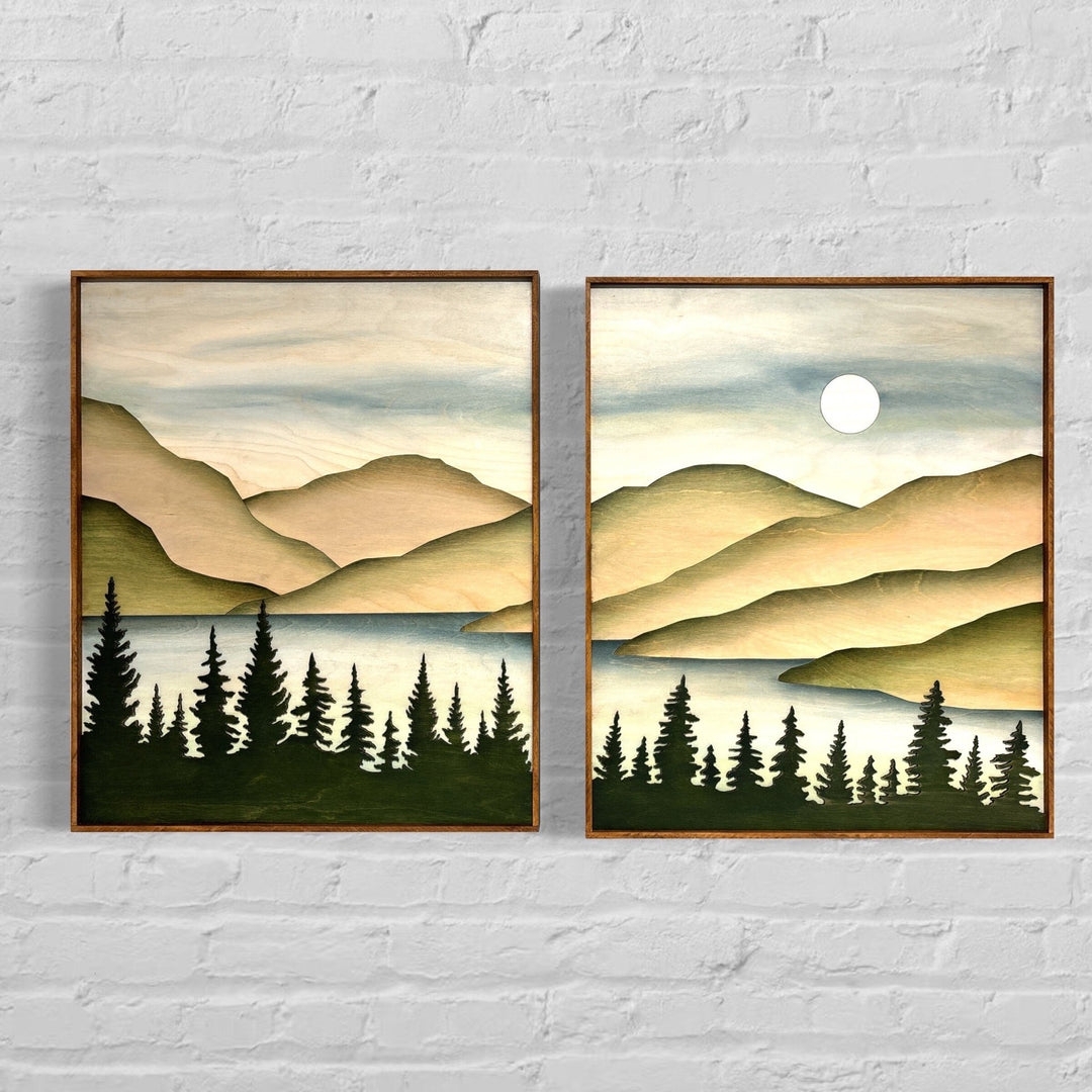 Wall Art Natural Wood Grain Diptych Mountain Decor